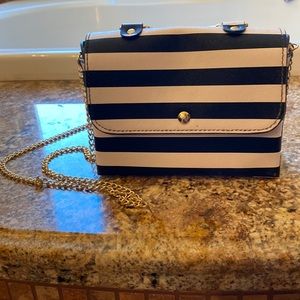 Black and white striped mini purse with gold details